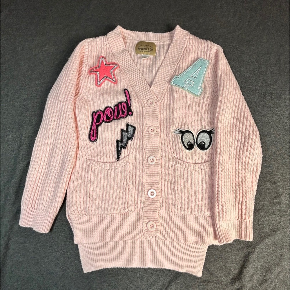 Roebuck & Co Kids Pink Cardigan Sweater Size‎ S 7/8 Applique Patches